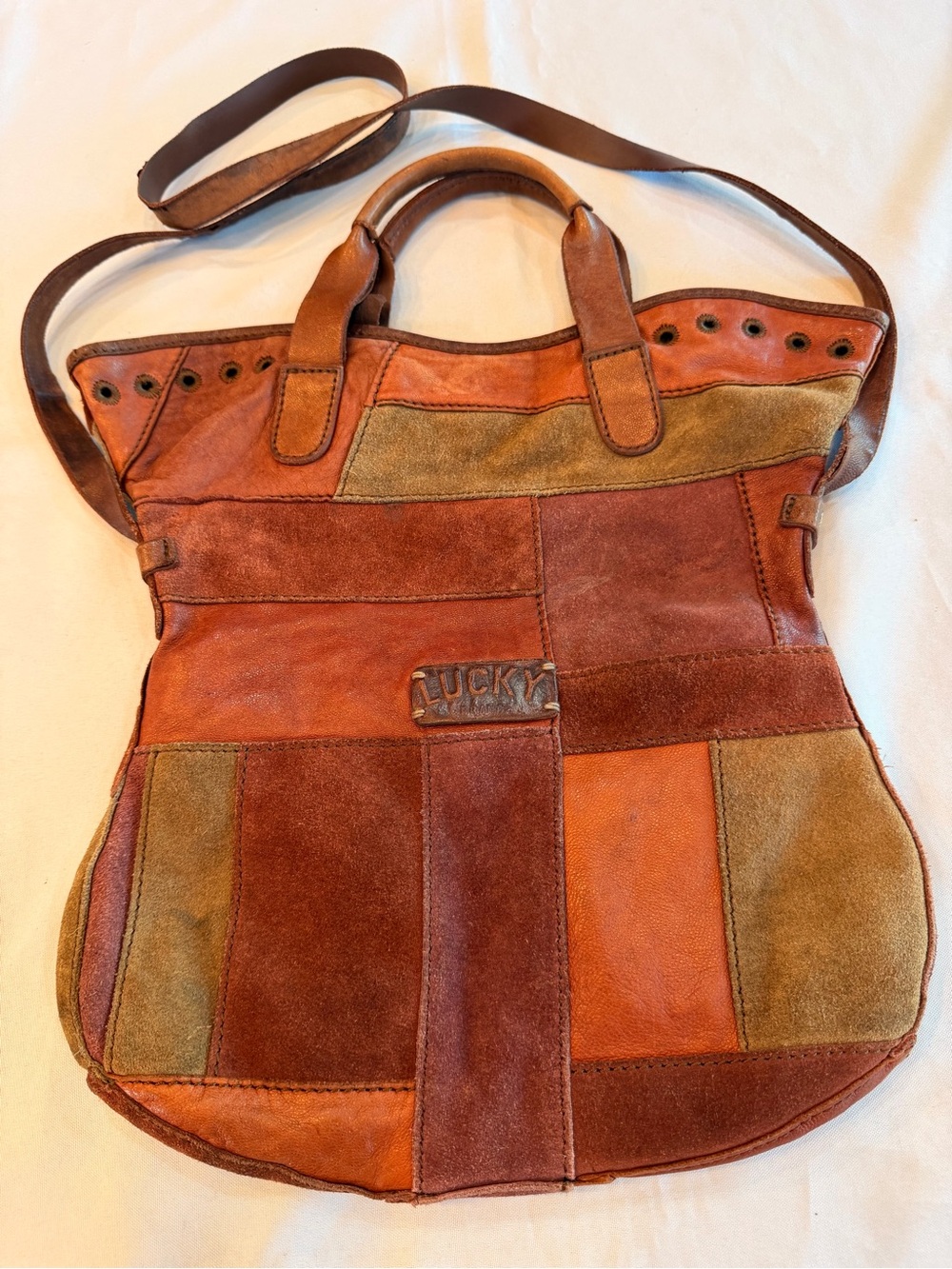 Vintage Lucky Brand Patchwork Suede & Leather Dual Handle Tote in Earth Shades